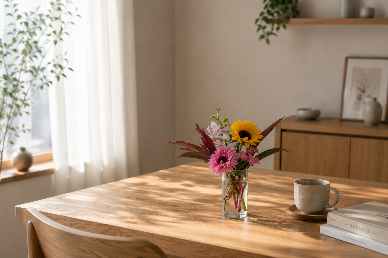 季節の花便の仕立て例。テーブルの上の花瓶に複数の花を飾った暮らしの風景