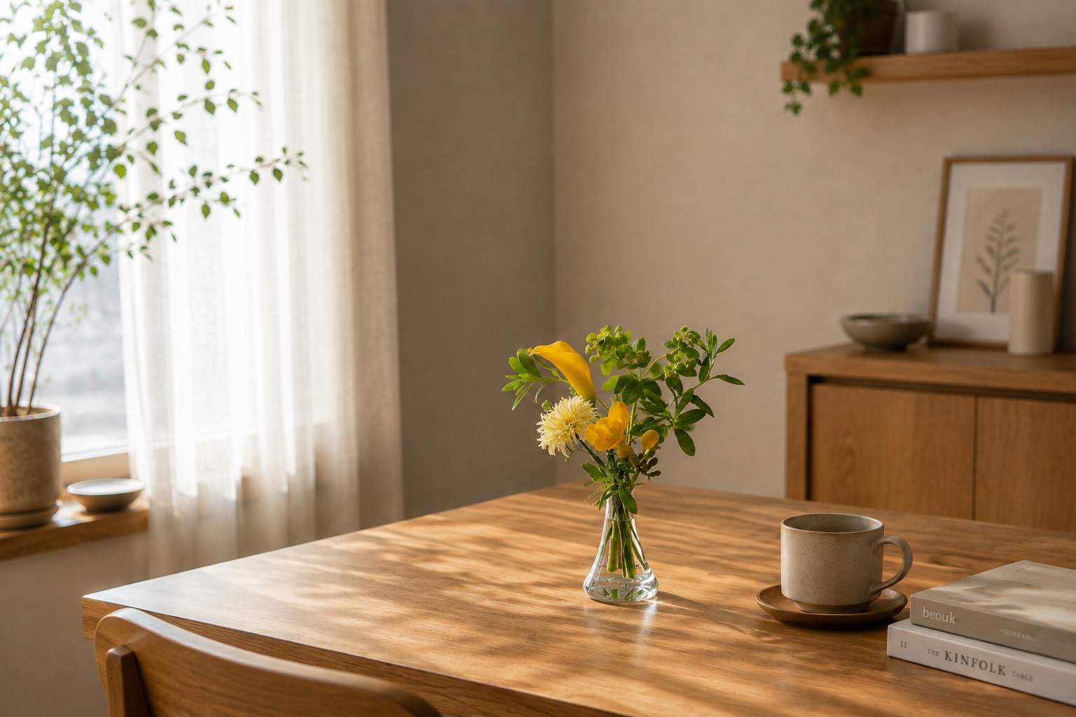 季節の花便の仕立て例。黄色とグリーンを中心に花瓶へ飾った暮らしの風景