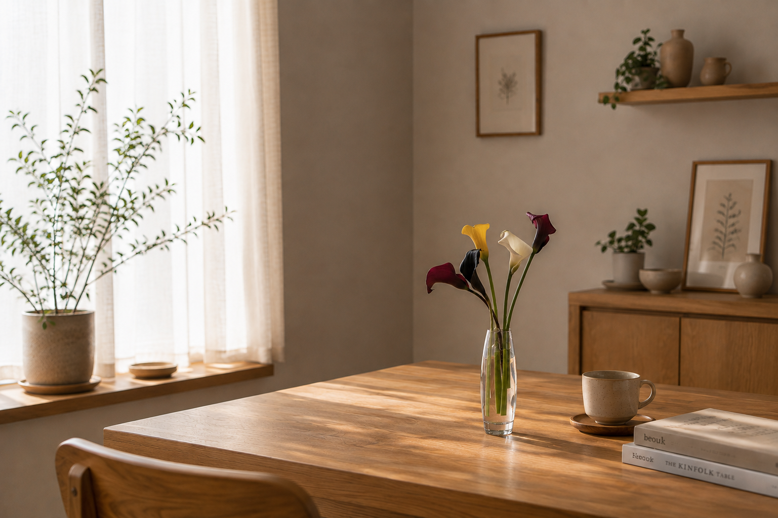 季節の花便の仕立て例。カラーを花瓶に飾った静かな室内の風景