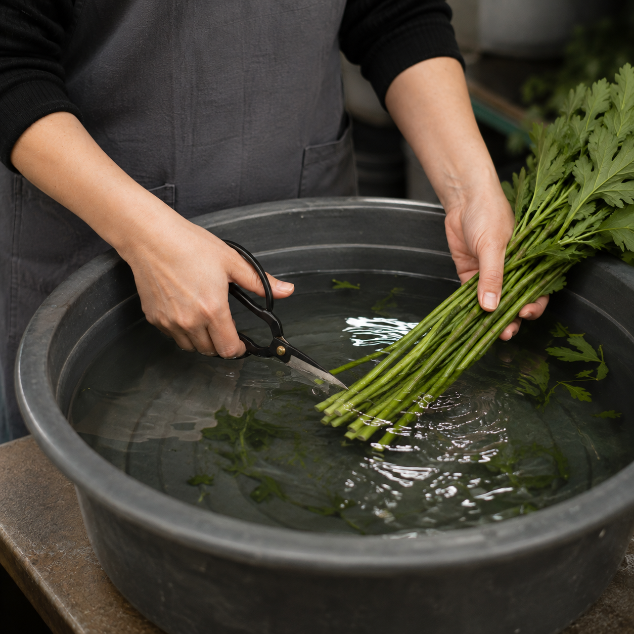水中で茎をカットしながら水揚げをしている手元