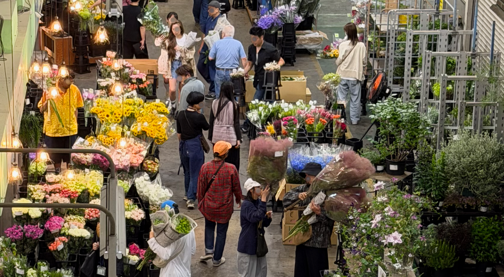 花市場の通路に季節の花が並び、人が行き交う仕入れの風景